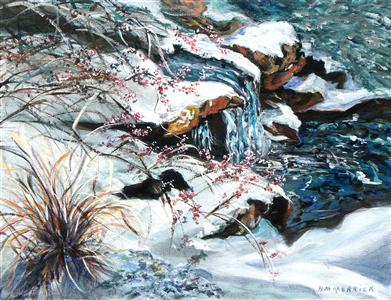 Icy Waterfall with Winter Berries - Large Canvas